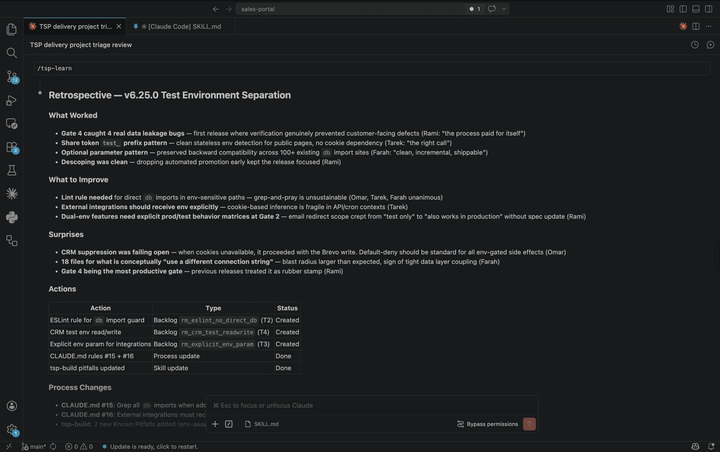 Real screenshot of a Gate 6 Learn retrospective — showing What Worked, What to Improve, Surprises, Actions created, and Process Changes after a test environment separation release