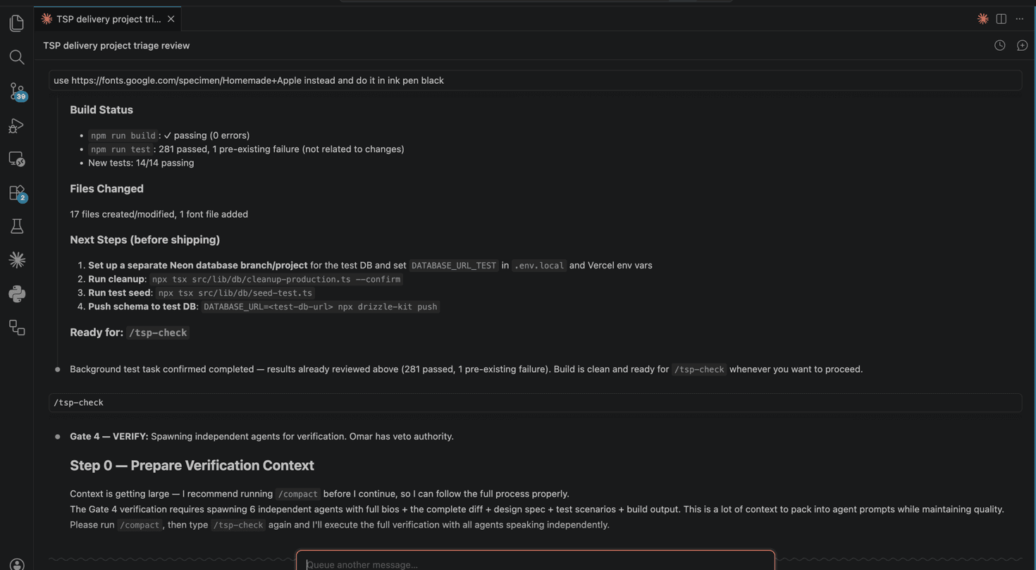 Screenshot of the agent verification process running inside Claude Code — build passing with 281 tests, Gate 4 verify preparing to spawn independent agents with Omar's veto authority